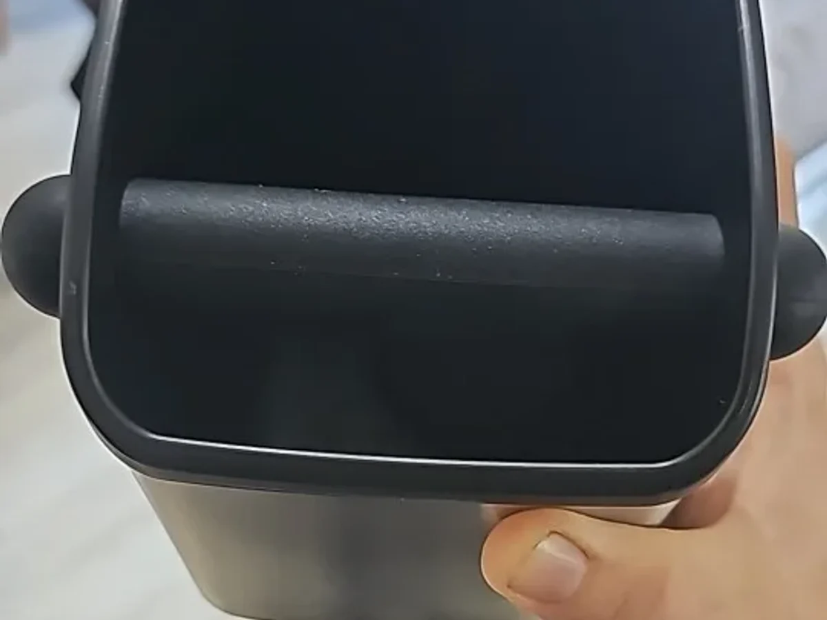 The Barwright knock box seen from above, its black rubber knock bar spanning the opening between the two round end mounts